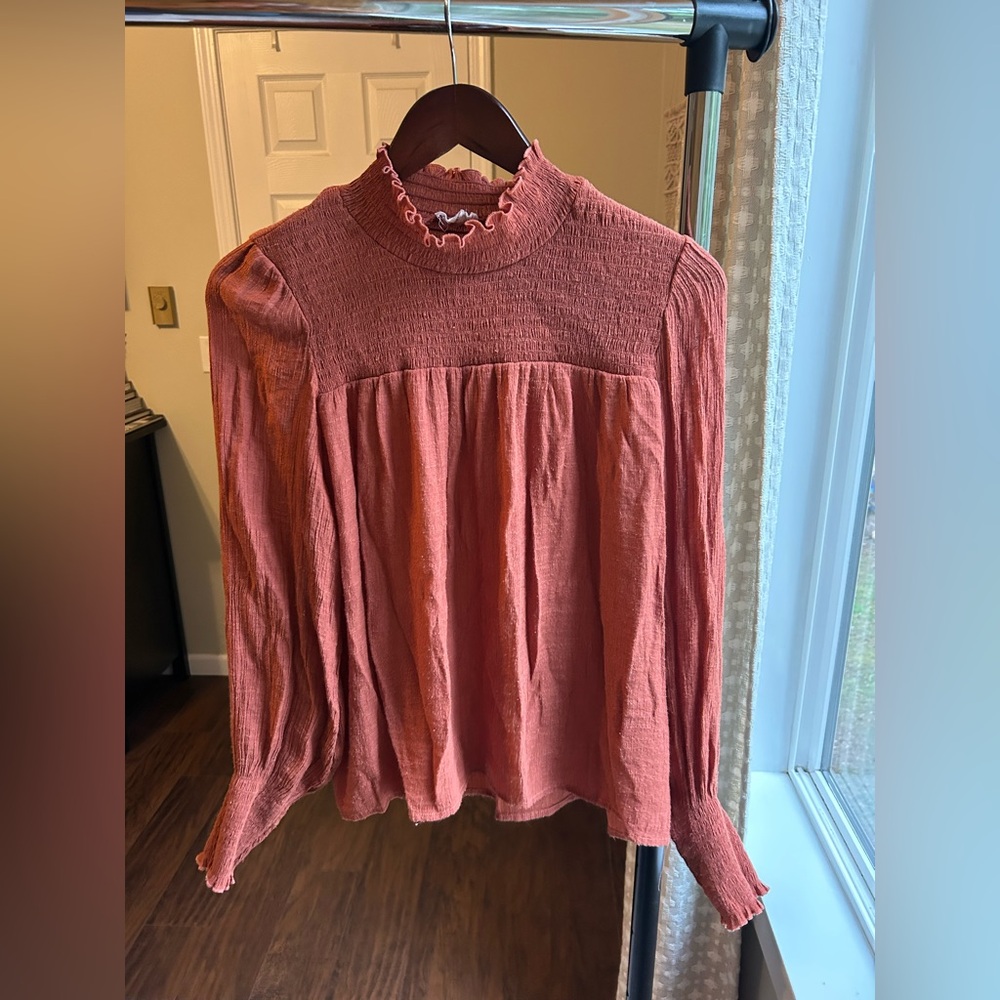 Women's Rust Mock-Neck, Smocked Blouse